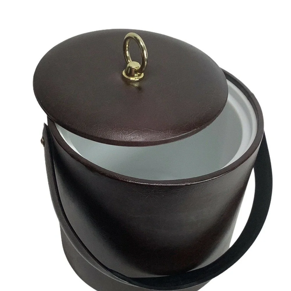 VINTAGE Georges Briard 7”‎ MCM Brown Vinyl Ice Bucket with Lid Hooks  USA